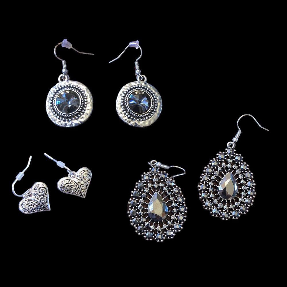 "Trendy Set of 3 Dangle Silvertone Earrings, Country Western Rodeo Style, BOHO